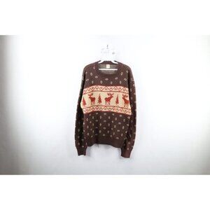 Vintage 60s 70s Streetwear Mens Large Christmas Elk Fair Isle Knit Sweater USA